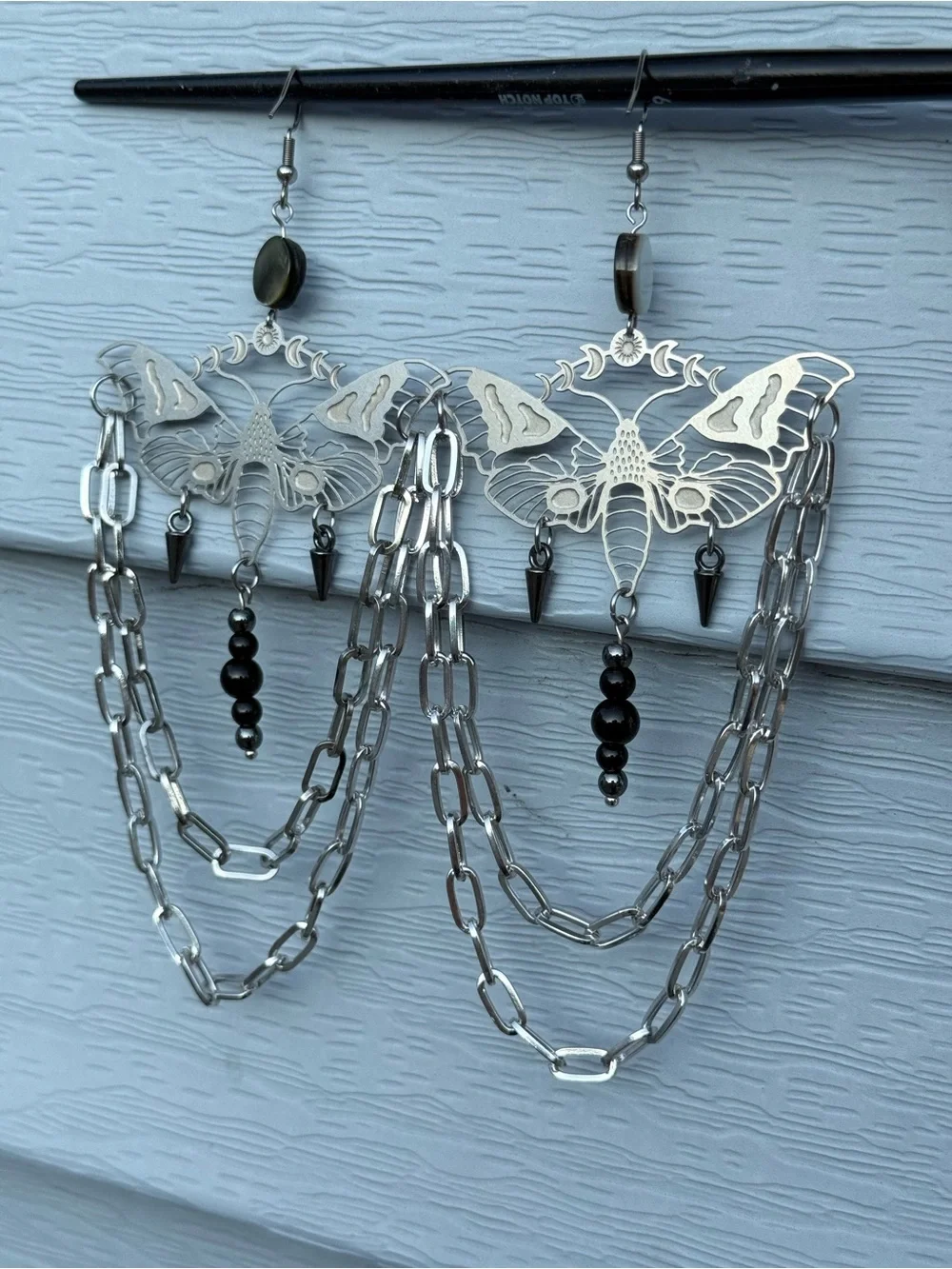 Moth statement earrings black obsidian hematite hanging chains witchy boho festi